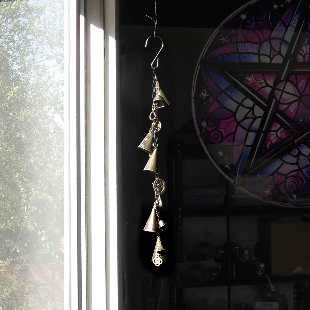 Witch's Bell: 5 Cone-Shaped Bells, Black Chain, Charms, Sleigh Bells - Handcrafted