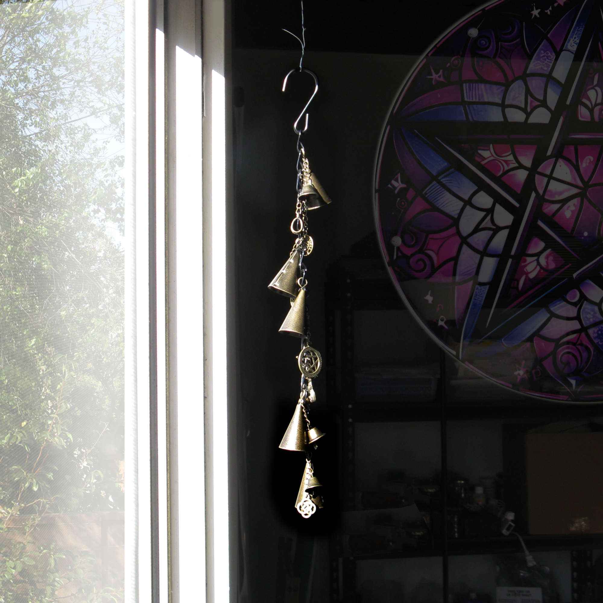 Witch's Bell: 5 Cone-Shaped Bells, Black Chain, Charms, Sleigh Bells - Handcrafted
