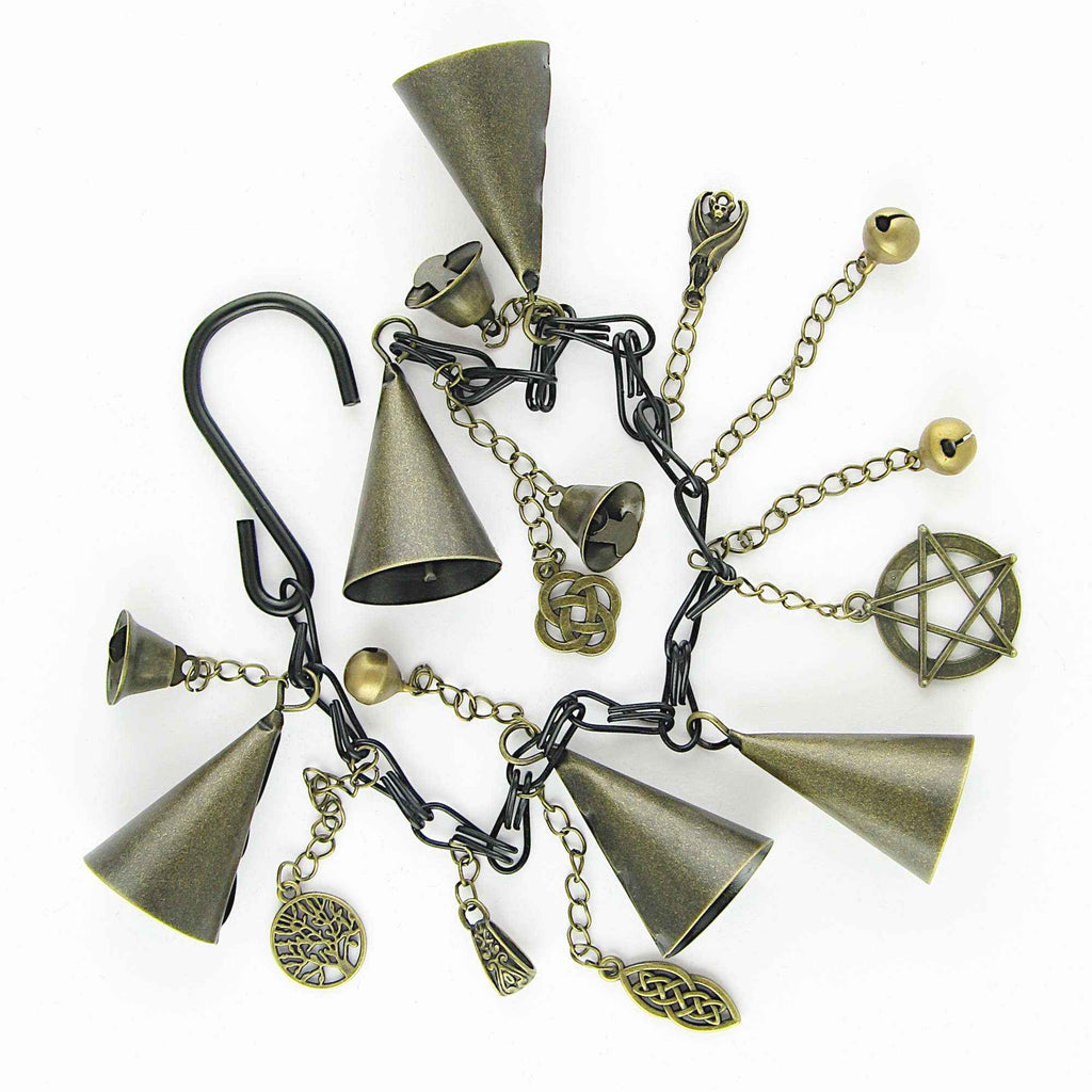 Witch's Bell: 5 Cone-Shaped Bells, Black Chain, Charms, Sleigh Bells - Handcrafted