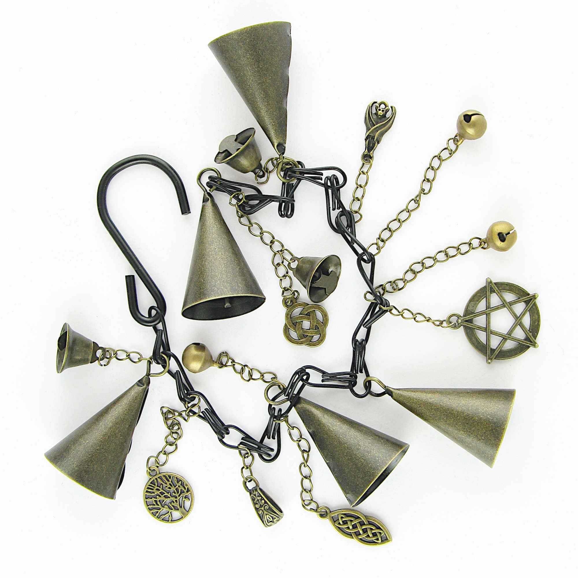Witch's Bell: 5 Cone-Shaped Bells, Black Chain, Charms, Sleigh Bells - Handcrafted