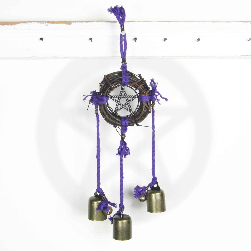 Witch's Bell: Wreath, Black Pentacle, Purple Twine - Handcrafted
