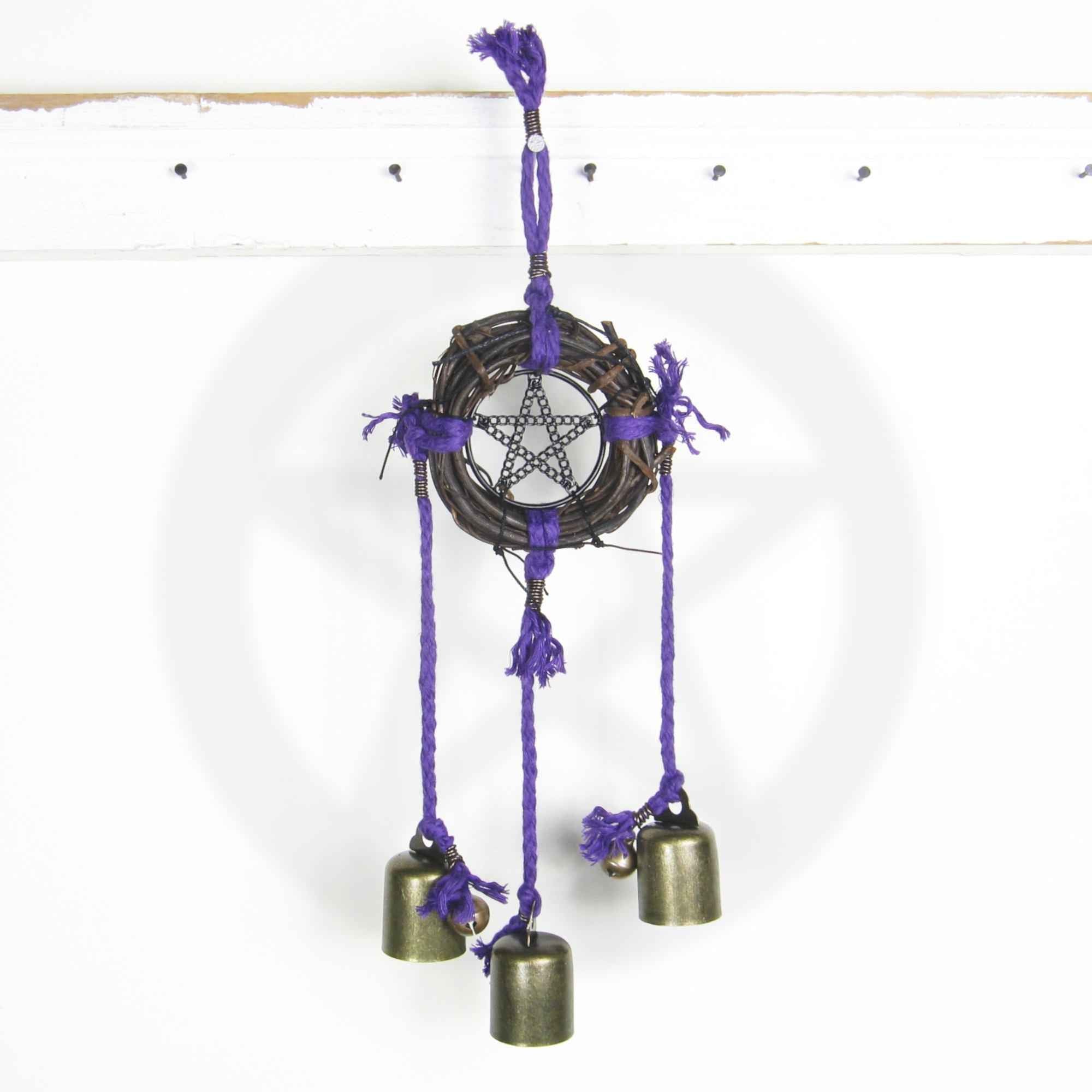 Witch's Bell: Wreath, Black Pentacle, Purple Twine - Handcrafted