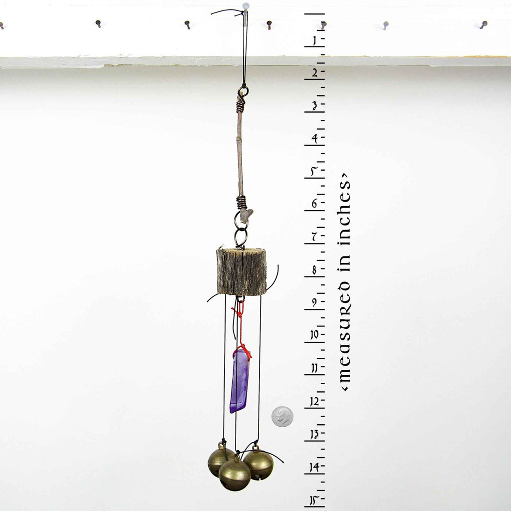3 Sleigh Bells with Polished Amethyst and Branch Twigs - Handcrafted