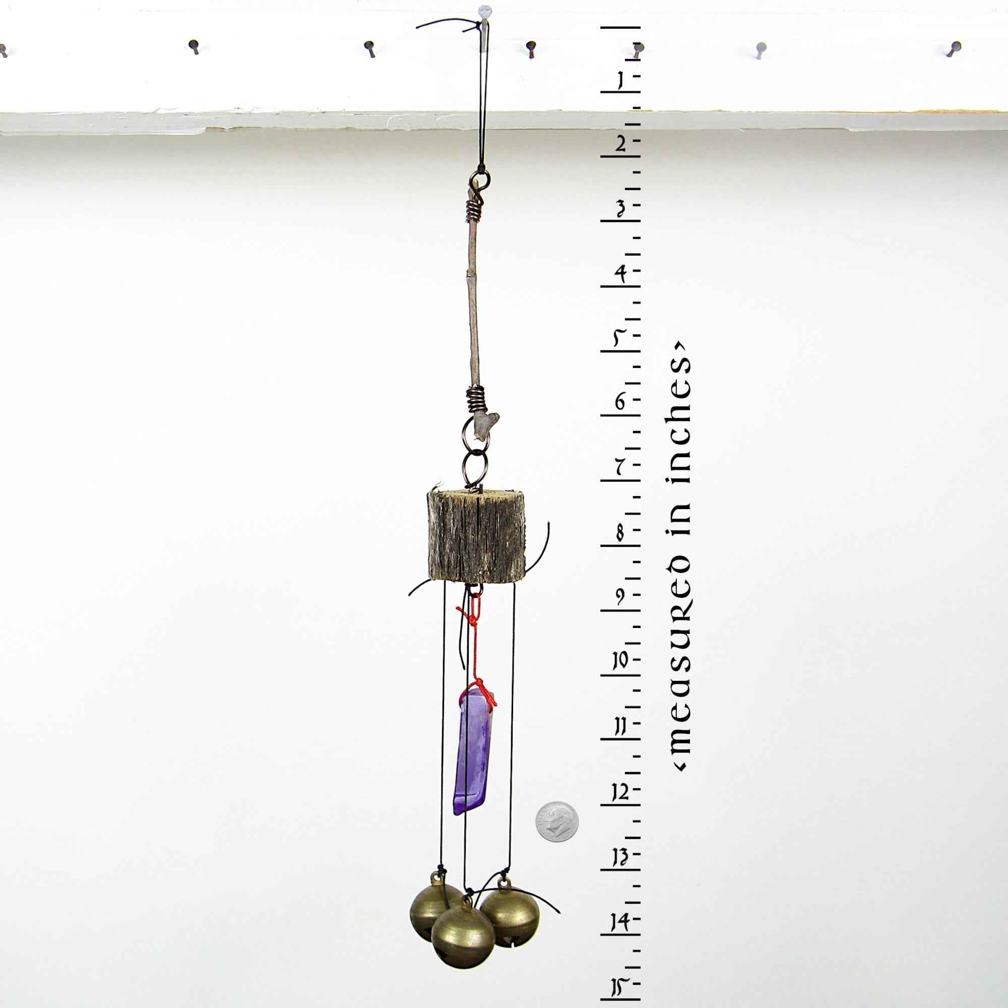 3 Sleigh Bells with Polished Amethyst and Branch Twigs - Handcrafted