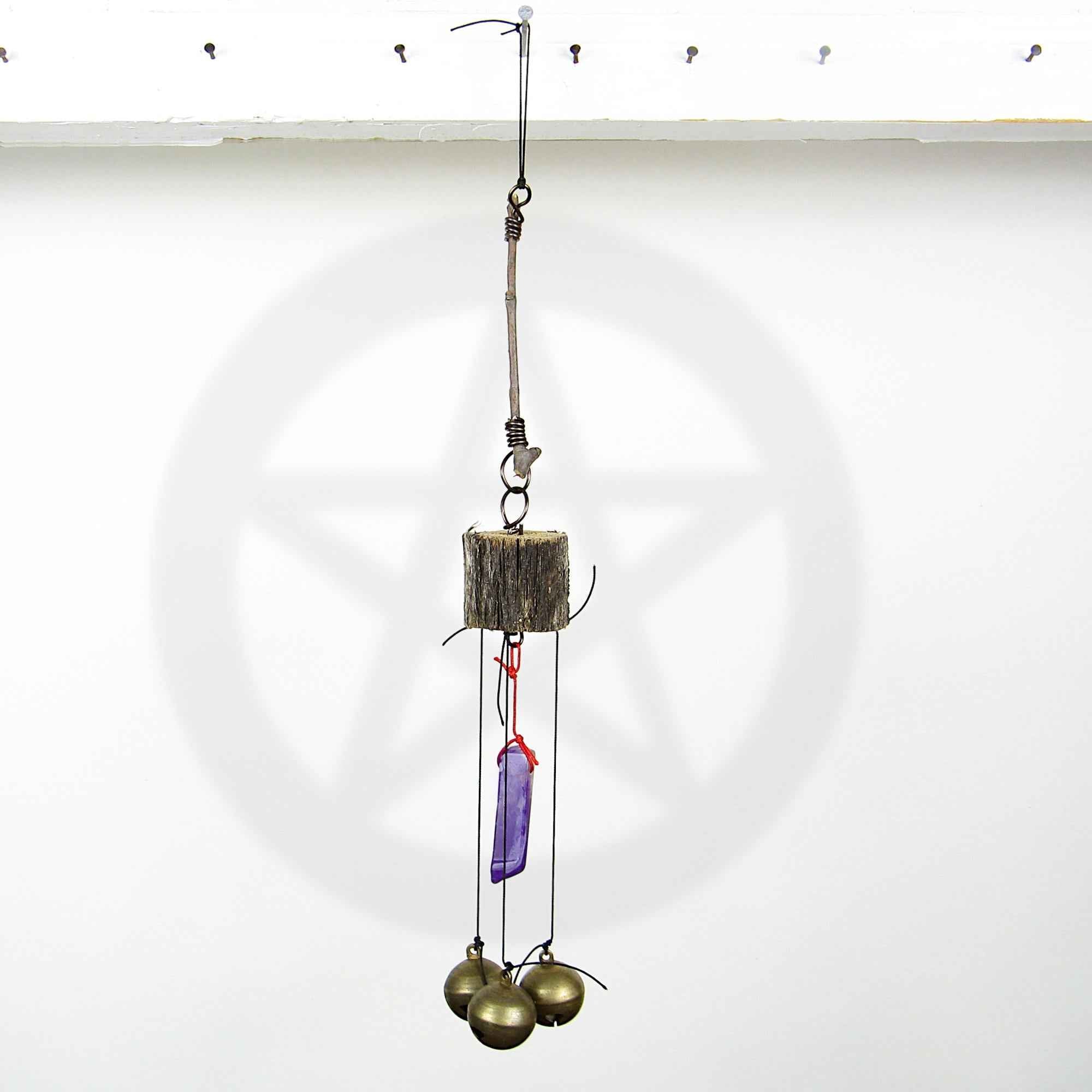 3 Sleigh Bells with Polished Amethyst and Branch Twigs - Handcrafted