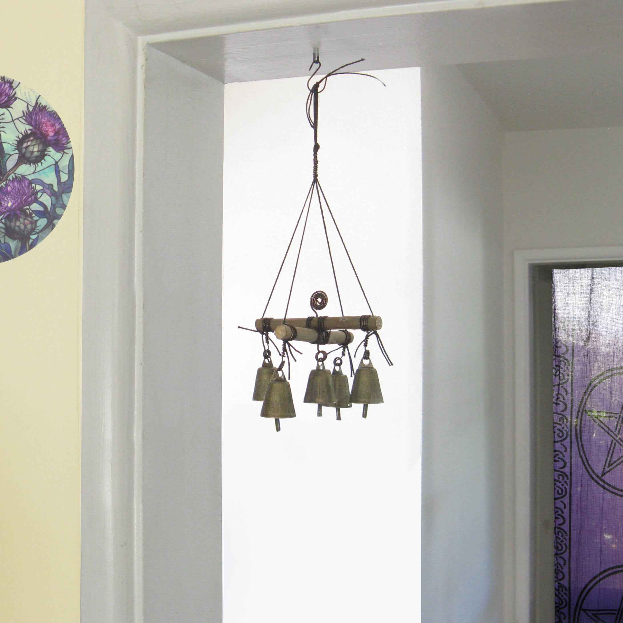 Hanging Witch's Bell with Cross of Twigs, Five Bells, Spiral - Handcrafted