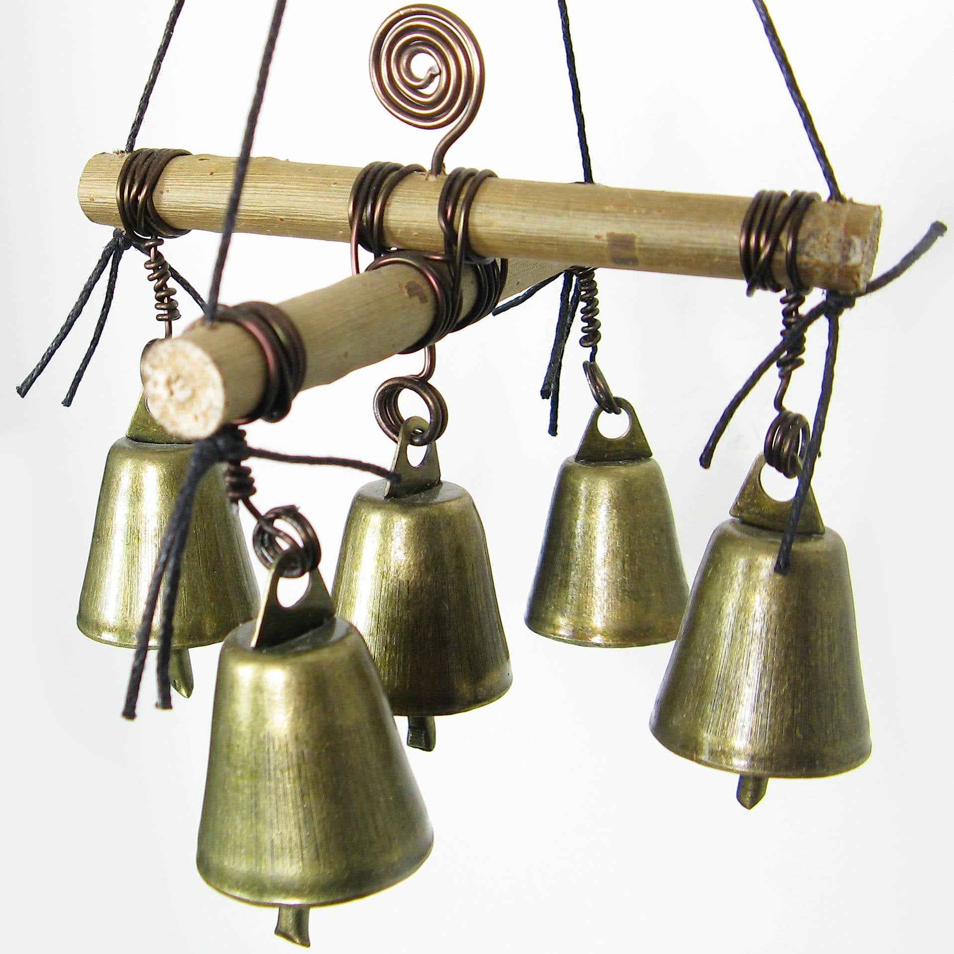 Hanging Witch's Bell with Cross of Twigs, Five Bells, Spiral - Handcrafted