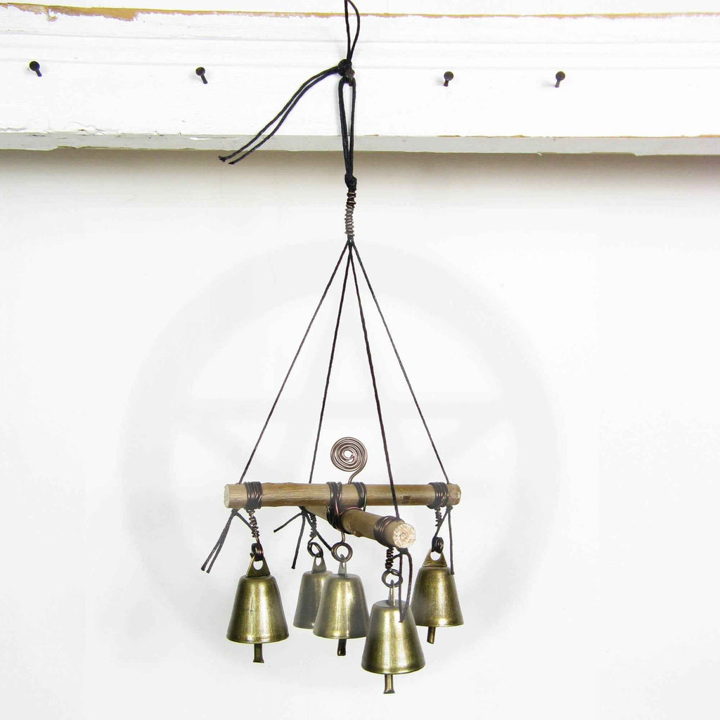 Hanging Witch's Bell with Cross of Twigs, Five Bells, Spiral - Handcrafted