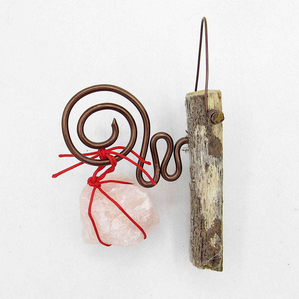 Wall Hanging: Weathered Branch with Rose Quartz and Spiral Bracket - Handcrafted