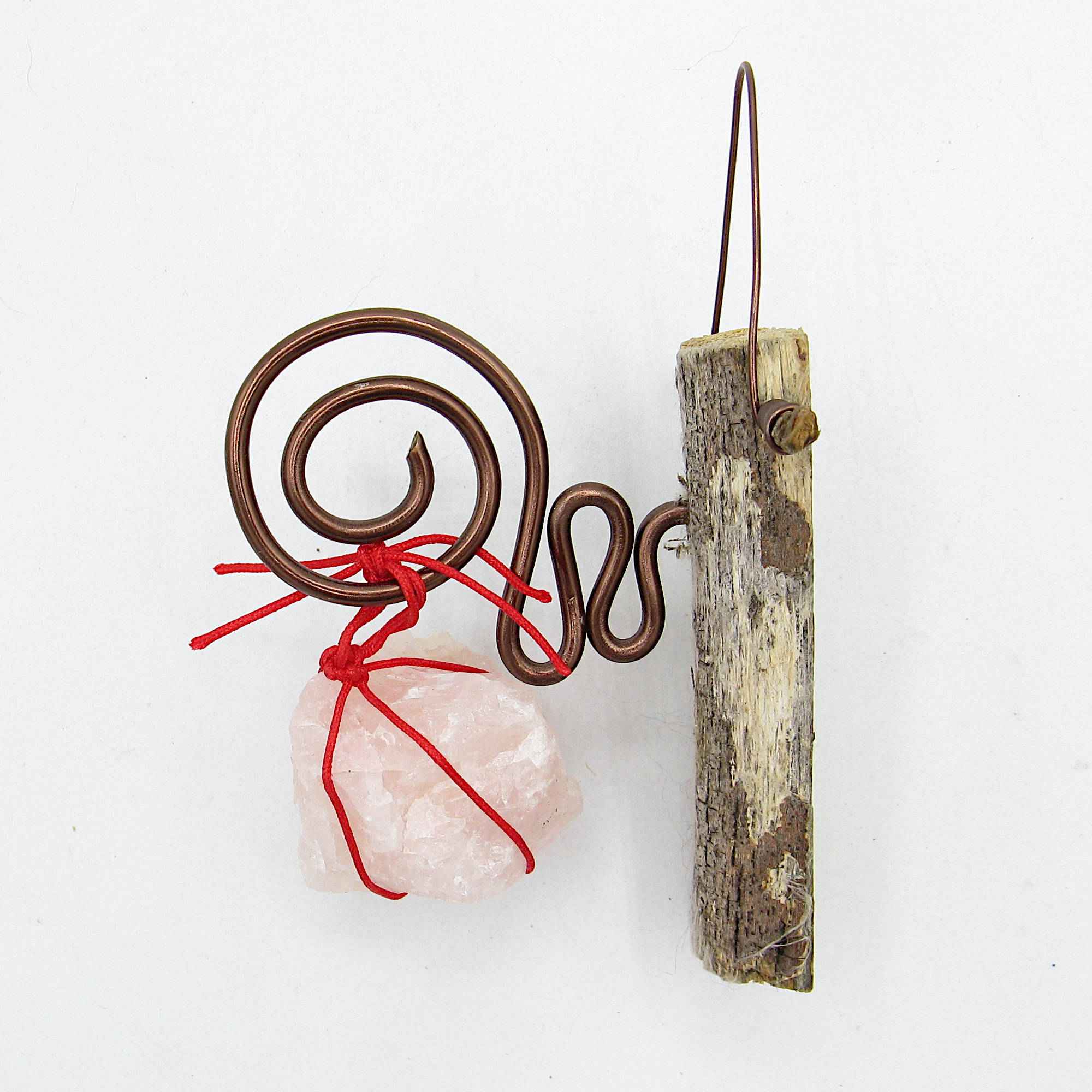 Wall Hanging: Weathered Branch with Rose Quartz and Spiral Bracket - Handcrafted