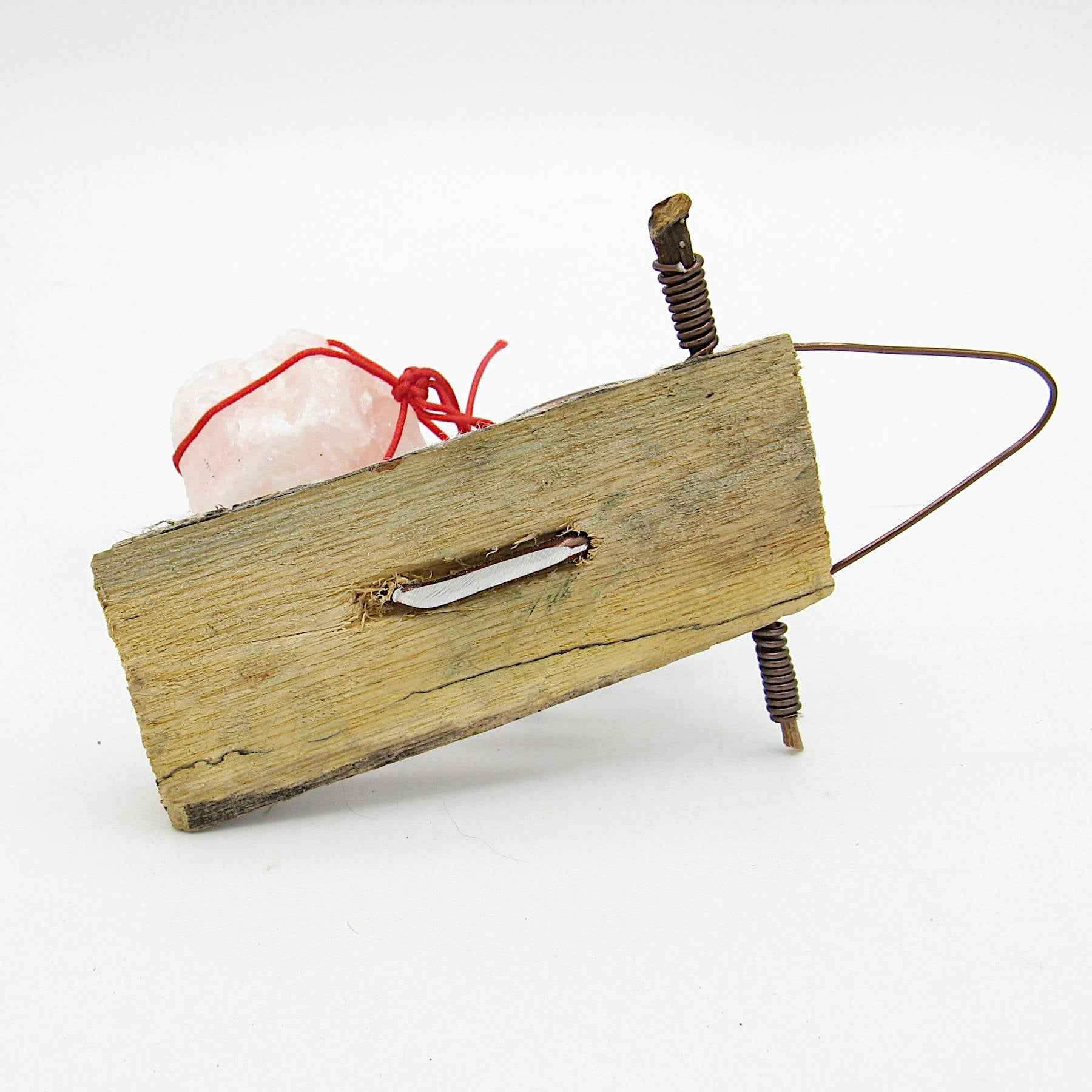 Wall Hanging: Weathered Branch with Rose Quartz and Spiral Bracket - Handcrafted