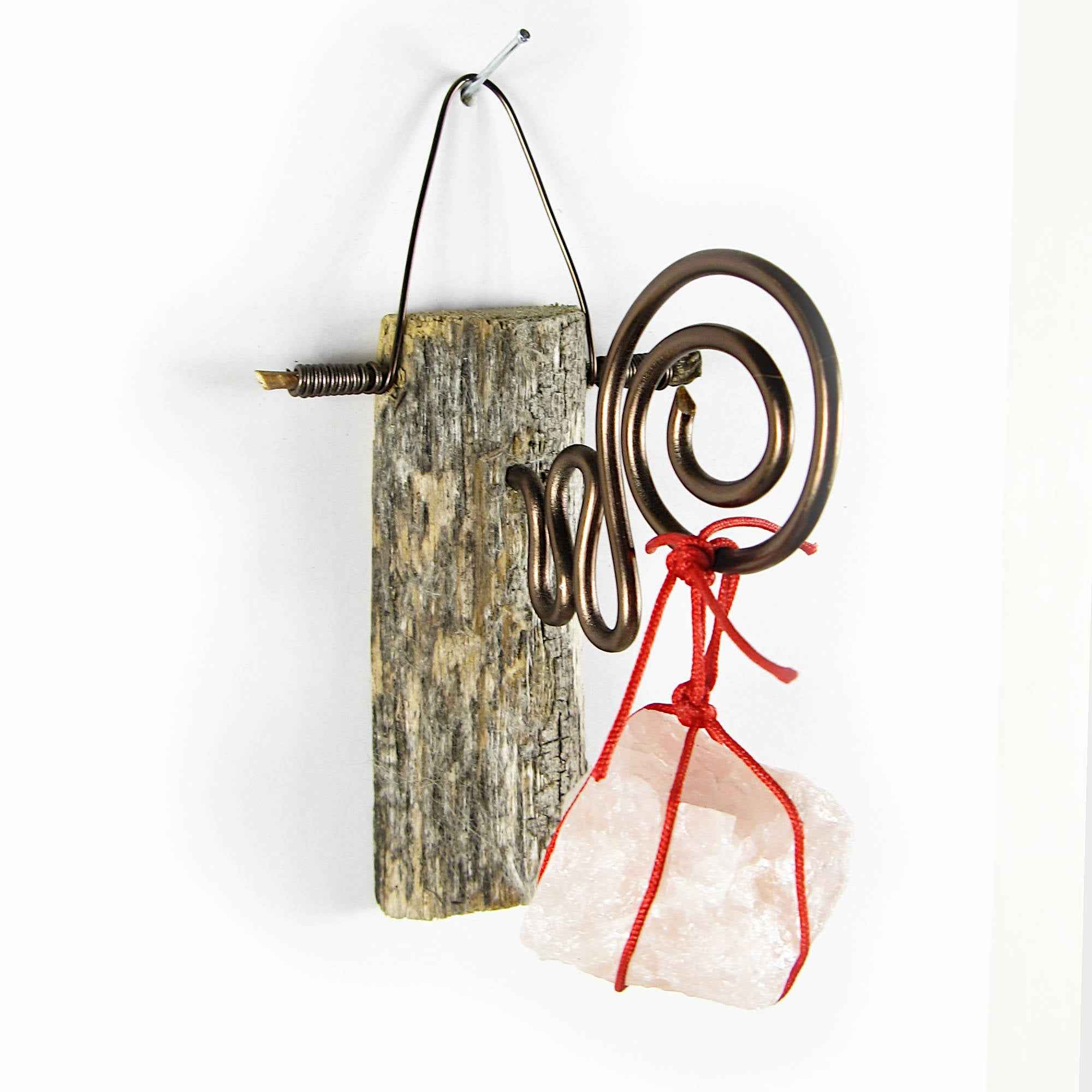 Wall Hanging: Weathered Branch with Rose Quartz and Spiral Bracket - Handcrafted
