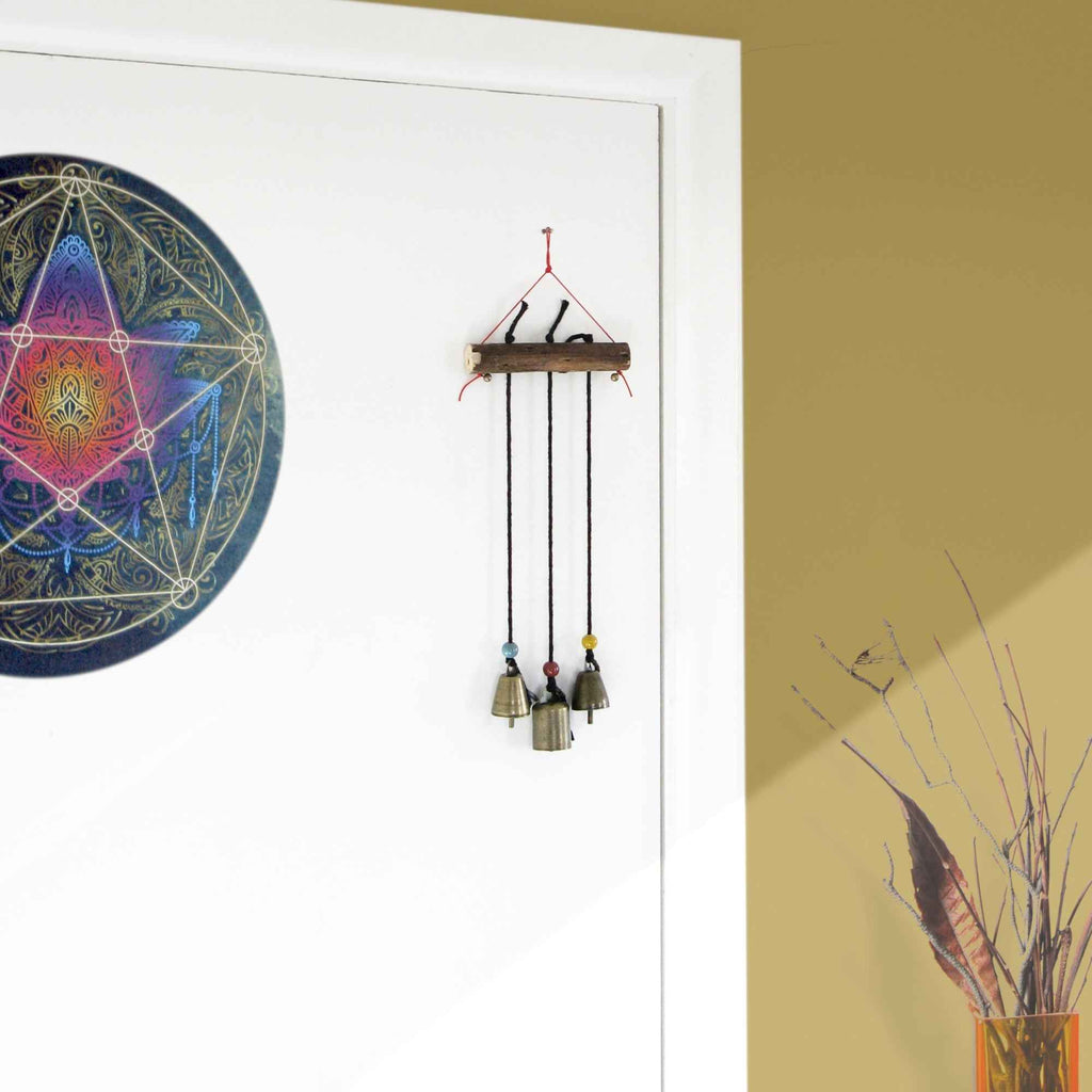 Witch's Bell: Three Bells on Long Black Cords Hanging from Branch - Handcrafted