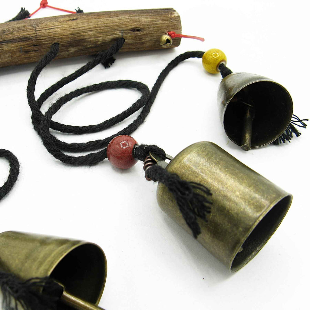 Witch's Bell: Three Bells on Long Black Cords Hanging from Branch - Handcrafted