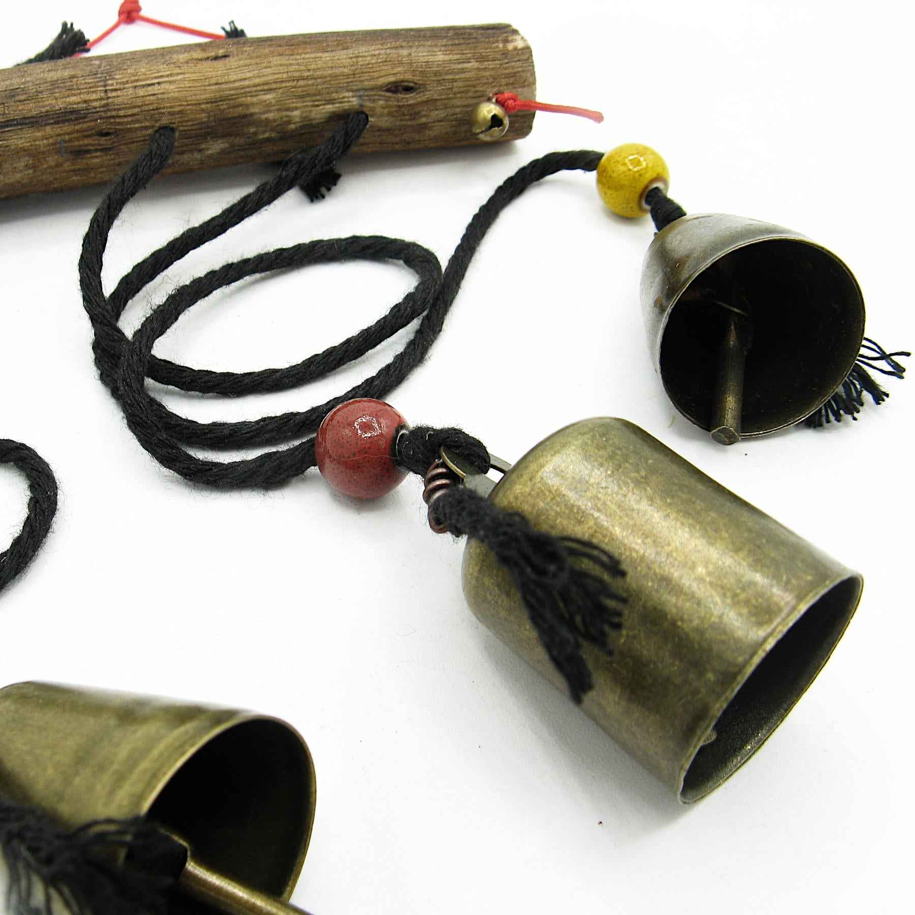 Witch's Bell: Three Bells on Long Black Cords Hanging from Branch - Handcrafted