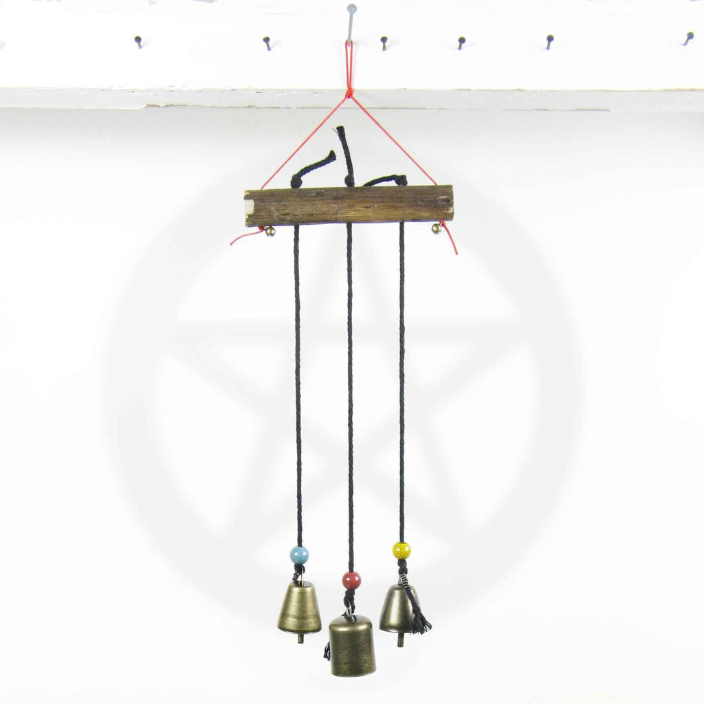 Witch's Bell: Three Bells on Long Black Cords Hanging from Branch - Handcrafted