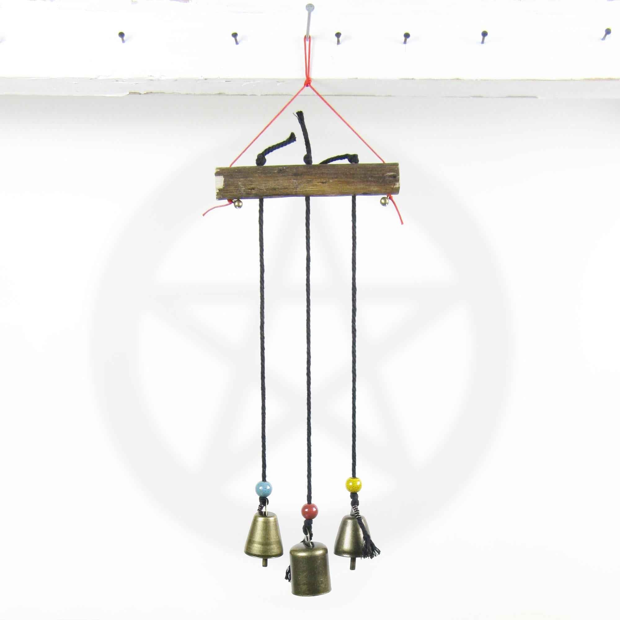 Witch's Bell: Three Bells on Long Black Cords Hanging from Branch - Handcrafted