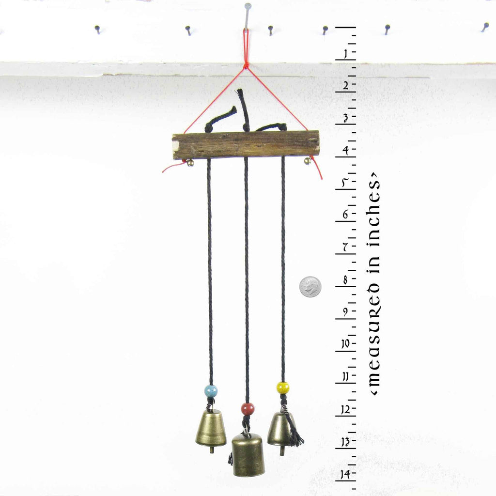 Witch's Bell: Three Bells on Long Black Cords Hanging from Branch - Handcrafted